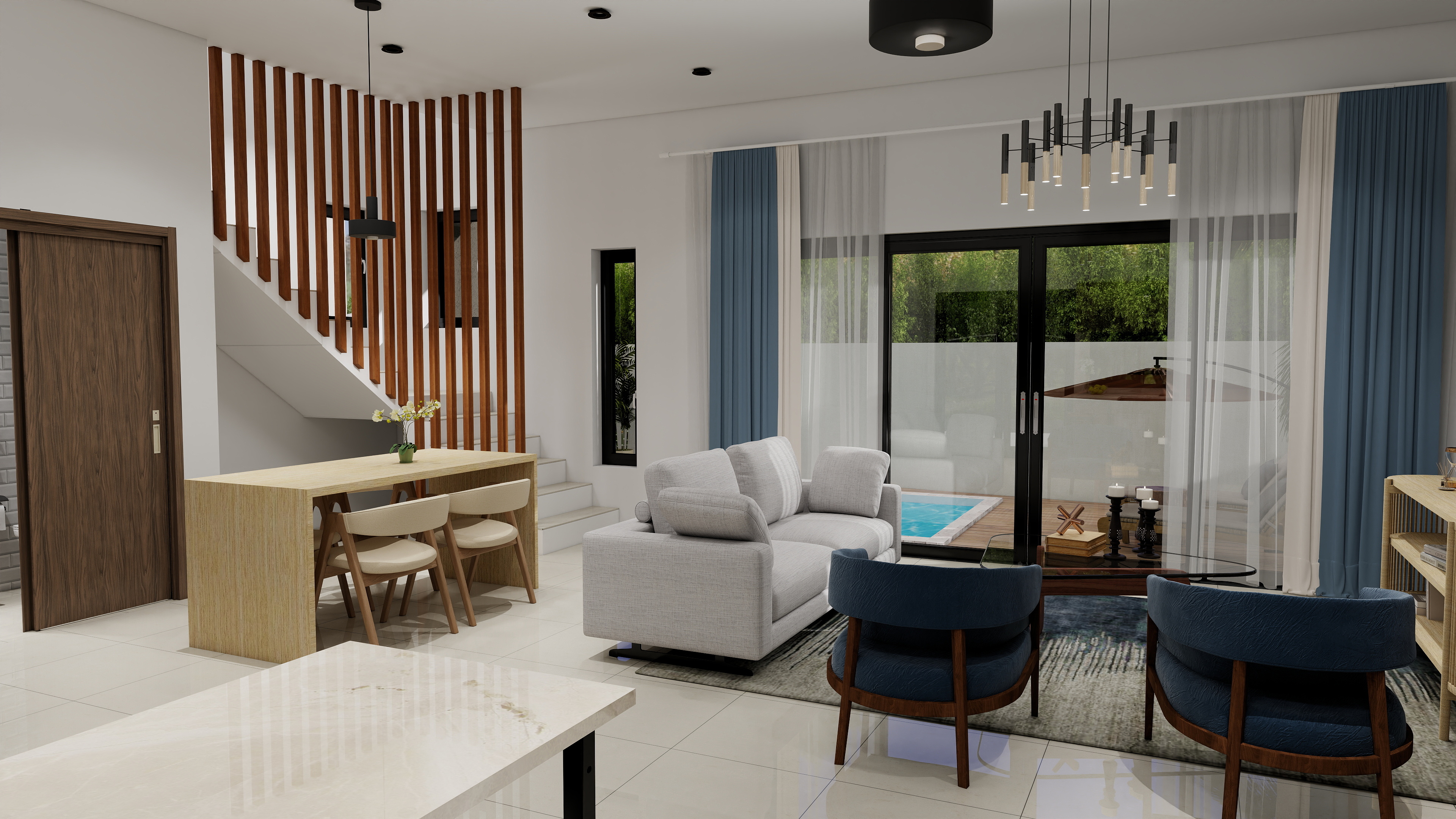 Open plan living opening to pool deck